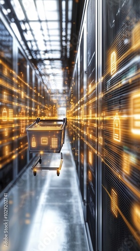 A futuristic shopping cart in a data center, symbolizing online shopping and digital commerce revolution.