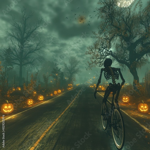 Wallpaper Mural A skeleton rides a bicycle down a foggy, eerie road lined with glowing jack-o'-lanterns, creating a spooky Halloween scene. Torontodigital.ca