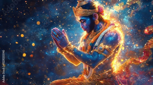 A vibrant digital art of Lord Hanuman bowing before Lord Rama, with glowing effects highlighting his devotion and the epic energy of the scene, surrounded by rich blues and golds