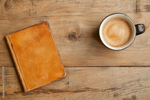 A Cup of Coffee and a Worn Leather Bound Book on a Weathered Wooden Surface