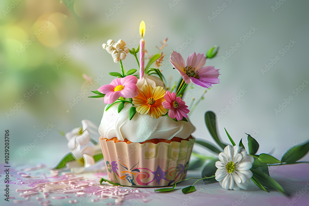 A beautifully decorated cupcake topped with fresh flowers and a single candle, symbolizing celebration and joy. A beautifully decorated cupcake topped with fresh flowers and a single candle, symbolizing celebration and joy.