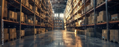 A warehouse filled with storage shelves from a ground view perspective, showcasing organized inventory, pallets, and boxes stacked neatly for efficient storage