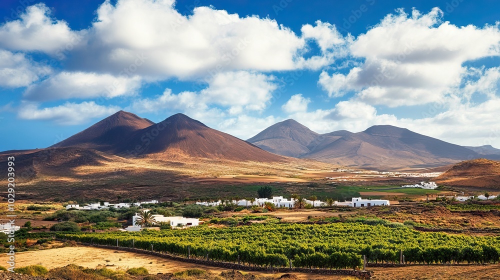 Volcanic Landscape with Vineyards and White Houses Volcanic Landscape with Vineyards and White Houses