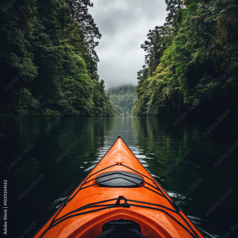 Fototapeta premium vibrant orange kayak glides through serene river surrounded by lush greenery