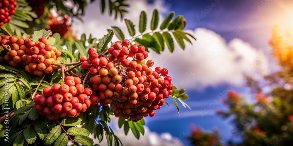 Autumn Rowan Tree Portrait with Vibrant Leaves and Berries Against Clear Blue Sky Autumn Rowan Tree Portrait with Vibrant Leaves and Berries Against Clear Blue Sky
