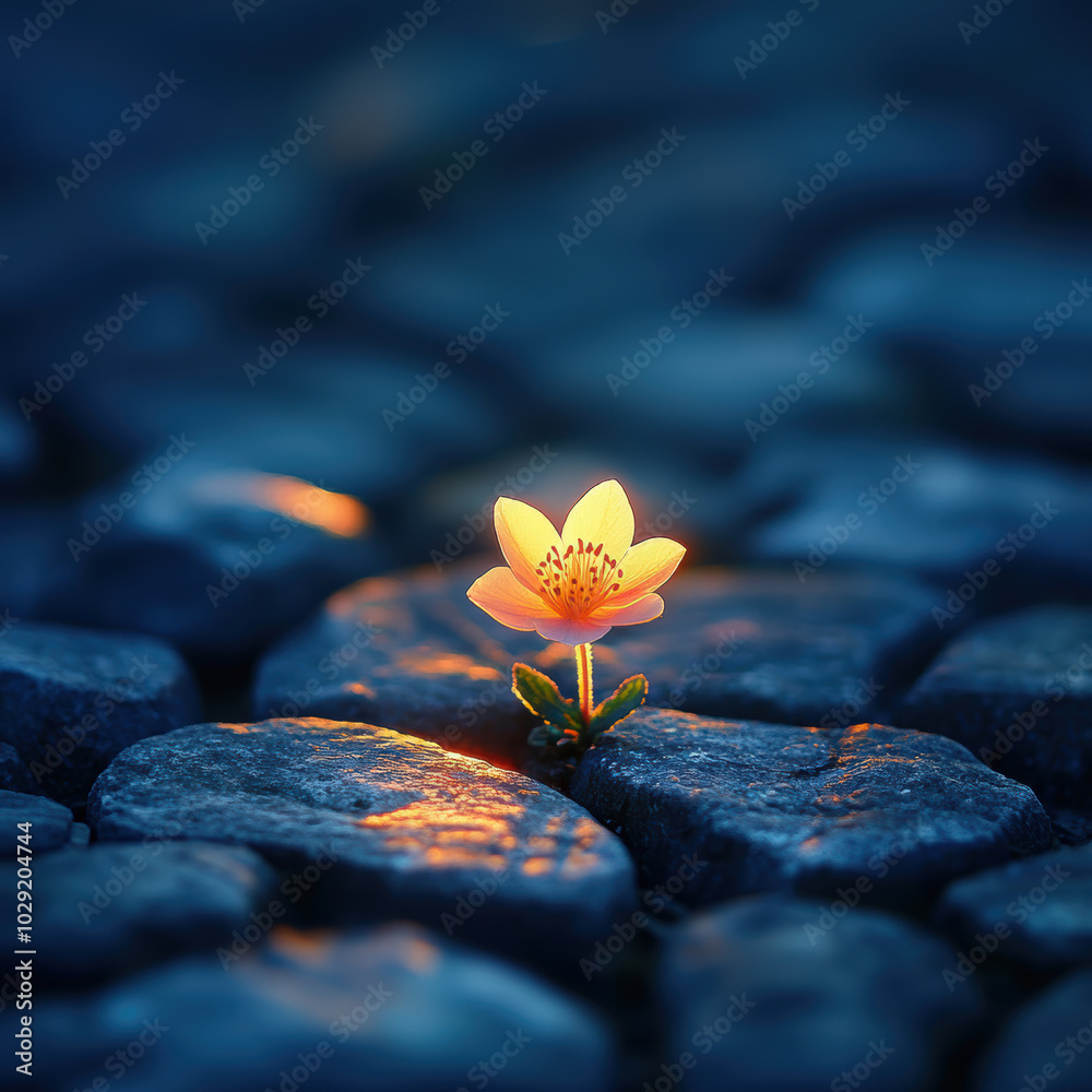 flower blooming amidst the cracks of dark grey granite brickwork of a city street. AI generative. flower blooming amidst the cracks of dark grey granite brickwork of a city street. AI generative.