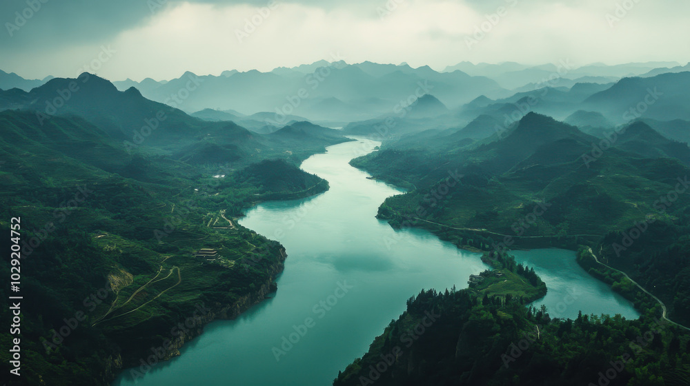 Breathtaking landscape of mountains and river, showcasing natures beauty Breathtaking landscape of mountains and river, showcasing natures beauty