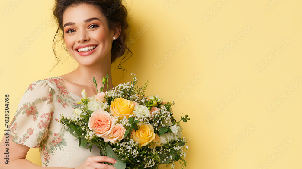 Mother's Day Brunch, photograph of a smiling woman holding a bouquet of flowers, against a pastel yellow background Mother's Day Brunch, photograph of a smiling woman holding a bouquet of flowers, against a pastel yellow background