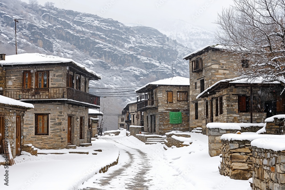 A serene winter scene of a traditional stone village nestled in the mountains, covered in fresh snow. A serene winter scene of a traditional stone village nestled in the mountains, covered in fresh snow.