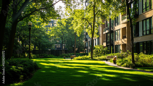 Sunlight beams through trees near modern building, highlighting green garden landscape during early evening in a tranquil setting