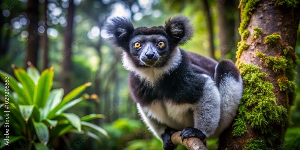 Obraz premium Stunning Indri Lemur in Madagascar Rainforest – Black and White Beauty Captured in Nature