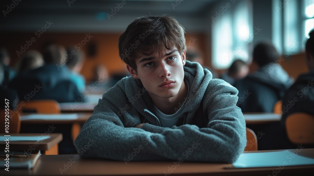 Fototapeta premium A teenage boy sits at his desk in a classroom, looking thoughtful, with other students blurred in the background.