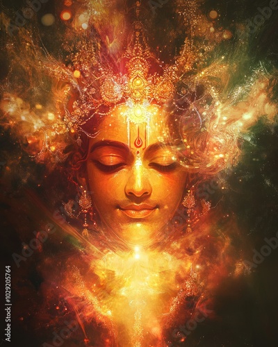 A bold and detailed digital painting of Lord Krishna as the divine charioteer during the Mahabharata, with a glowing aura and cosmic elements in the background, symbolizing wisdom and guidance