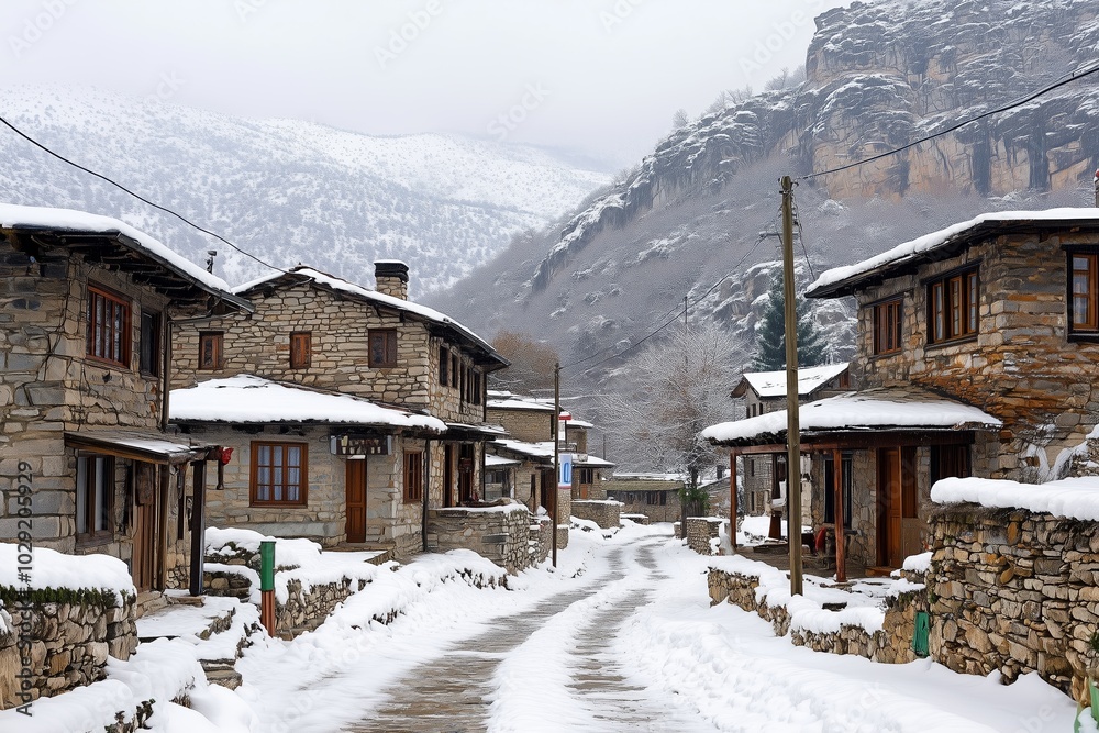 A serene winter scene of a traditional stone village nestled in the mountains, covered in fresh snow. A serene winter scene of a traditional stone village nestled in the mountains, covered in fresh snow.