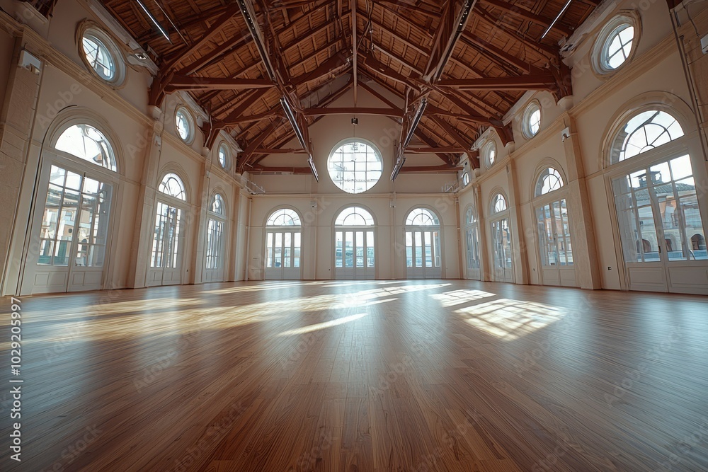 Naklejka premium Empty Room with Wooden Floor and Numerous Arched Windows