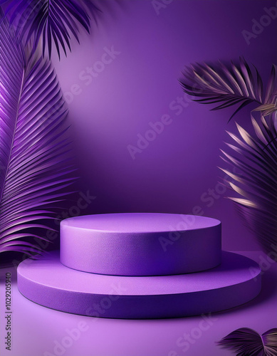 Abstract purple background with podium and tropical palm leaves with shadows