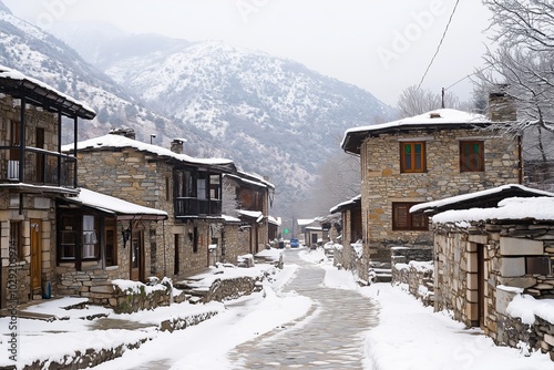 A serene winter scene of a traditional stone village nestled in the mountains, covered in fresh snow.