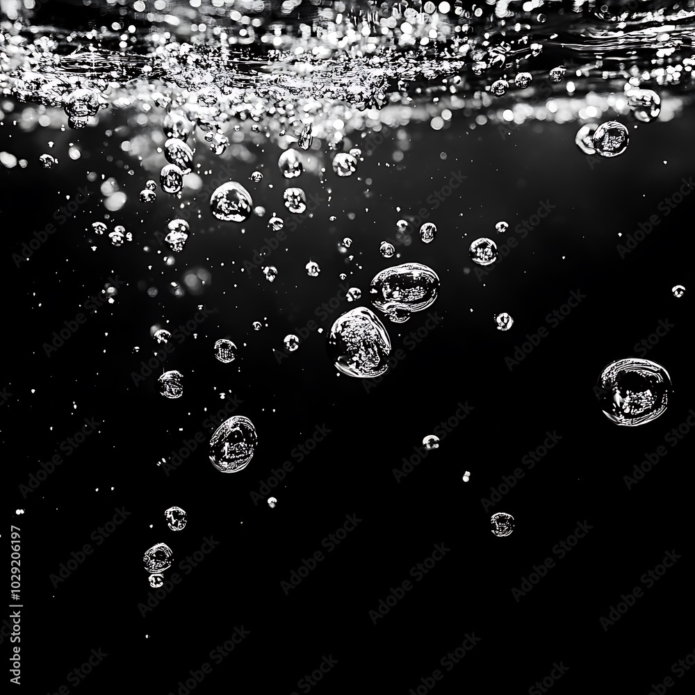 Background featuring air bubbles in water, illustrating abstract oxygen bubbles in the sea, isolated against a black background in black and white tones, generative ai Background featuring air bubbles in water, illustrating abstract oxygen bubbles in the sea, isolated against a black background in black and white tones, generative ai