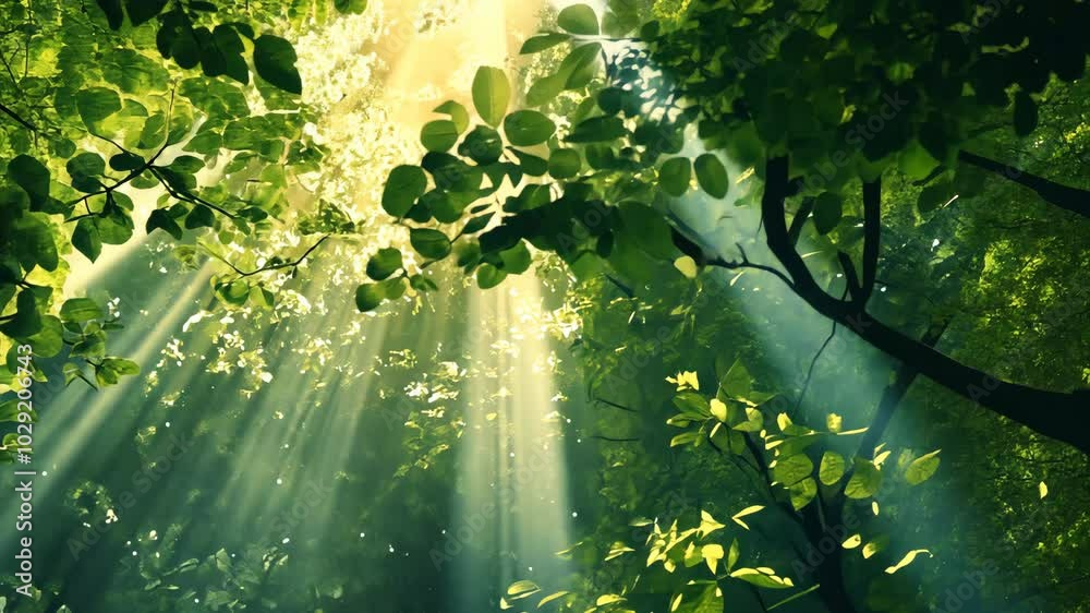 Sunlight streams through the canopy of a lush green forest Sunlight streams through the canopy of a lush green forest