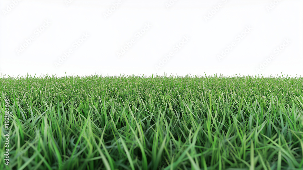 Obraz premium Beautiful grassy field with a blue sky and white clouds in the background. The green meadow is seen from above, creating an endless horizon.