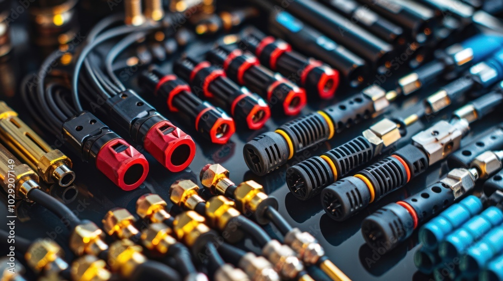 Close-up of a Variety of Electrical Connectors and Wires Close-up of a Variety of Electrical Connectors and Wires