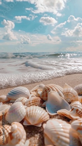 Peaceful beach with seashells and gentle waves, 4K hyperrealistic photo