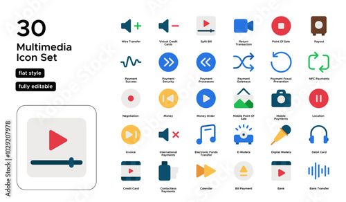 Multimedia Flat Icon Set: Video Production, Audio Recording, and Content Creation Icons