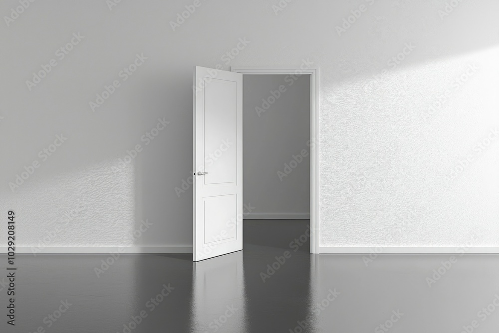 White Door Ajar in a Minimalist Room with Gray Floor White Door Ajar in a Minimalist Room with Gray Floor