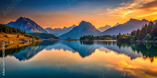 Stunning low-light capture of Montenegro's mountain lake at dusk, showcasing ethereal reflections and vibrant hues that create a magical atmosphere
