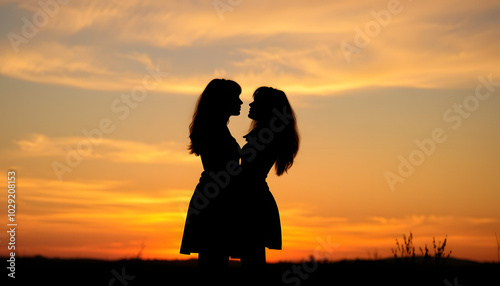 silhouette of two girls at sunset with love isolated with white highlights, png