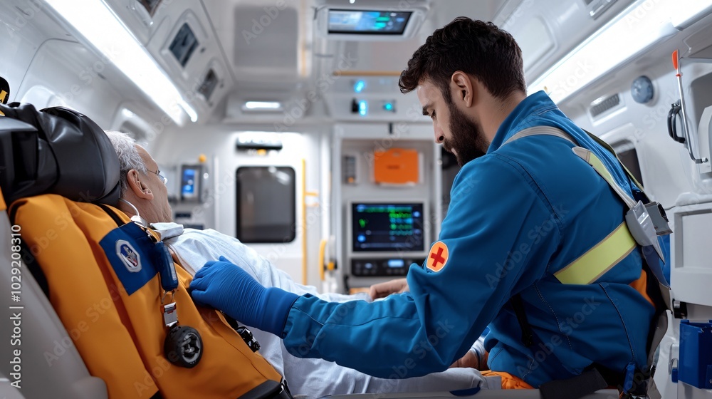 A man in a blue uniform is helping a man inside ambulance A man in a blue uniform is helping a man inside ambulance