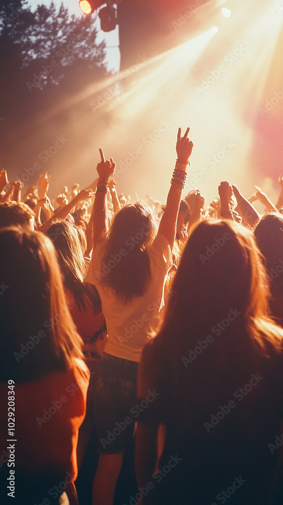 Fototapeta premium 1985 rock concert, teenagers in 80s fashion dancing in the crowd, vintage, warm color grading, 24mm wide