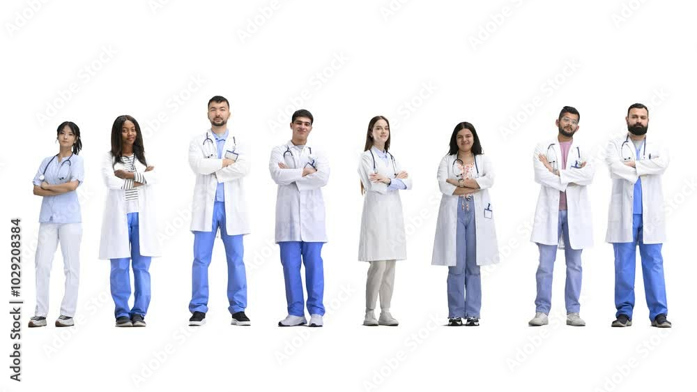 A group of doctors, on a white background, in full height, crossed their arms A group of doctors, on a white background, in full height, crossed their arms