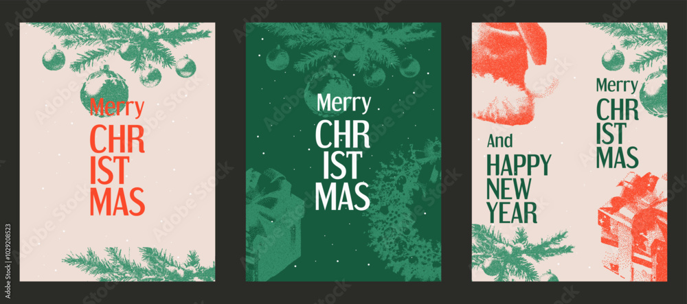 Set of Christmas greeting cards with a retro photocopy effect. Festive background, cover, design of an advertising banner, flyer. Grain effect and stippling. Vector.