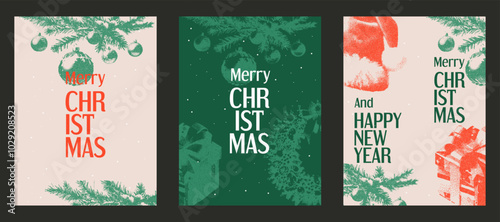 Set of Christmas greeting cards with a retro photocopy effect. Festive background, cover, design of an advertising banner, flyer. Grain effect and stippling. Vector.