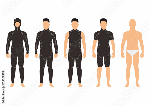 Sets of man wearing diving suit. Model builder vector illustration. Icon and symbol.