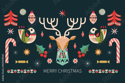 Christmas card, poster, banner with modern, abstract, minimalist design, seasonal elements