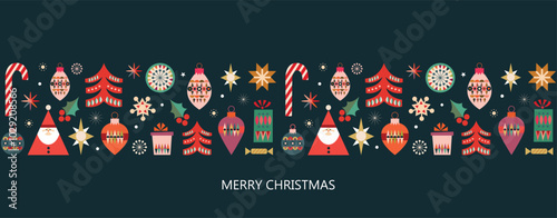 Christmas seamless horizontal border with seasonal elements, minimalist abstract flat design, vector