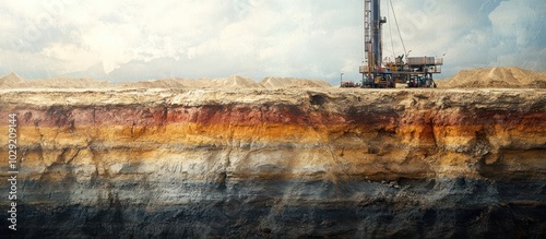 Close up of an open pit mine with a drill rig. The layers of earth are visible, showing different colors and textures. photo