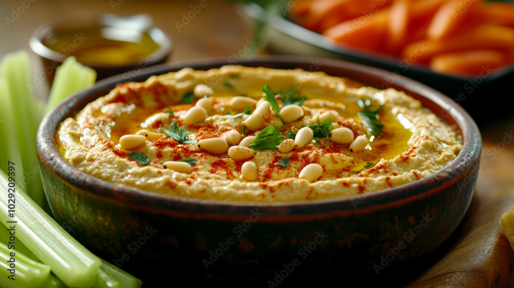 roasted garlic hummus served in bowl topped with paprika, flat parsely and roasted pine . AI generative. roasted garlic hummus served in bowl topped with paprika, flat parsely and roasted pine . AI generative.