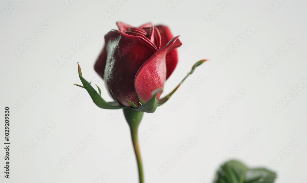 Single red rosebud, white background, 4K hyperrealistic photo