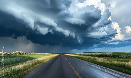 Side view of storm clouds above an asphalt road, indicating a rainy day landscape, generative ai