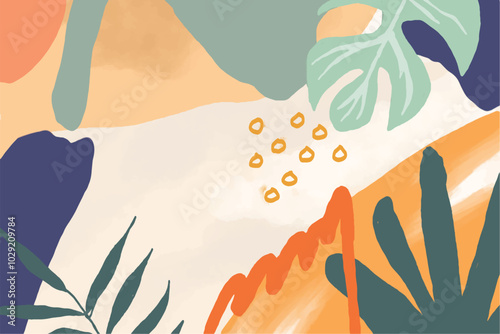 Abstract art banner featuring watercolor leaves branches combined with hand-drawn doodle scribble floral plants.