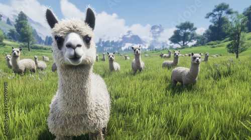 Llamas grazing peacefully in a lush green meadow under a dramatic sky in the mountains during a sunny day