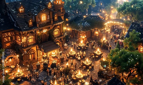 Step into a vibrant medieval village as night falls, where warm lights illuminate cheerful crowds gathered around lively festivities and inviting taverns
