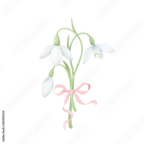 Bunch of snowdrops with a pink ribbon. Delicate watercolor hand-drawn painting on a white background. Spring flower clipart for invitations, greetings, postcard design.