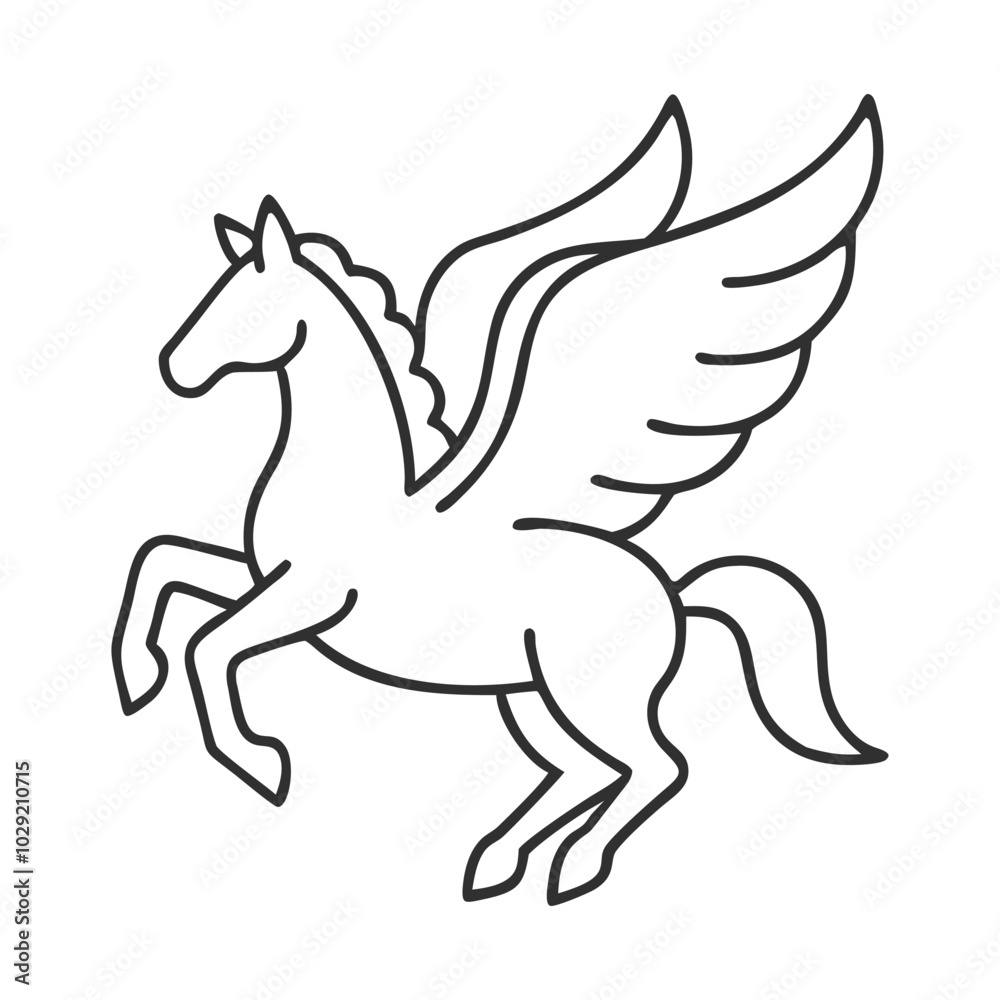 Fototapeta premium Pegasus flying with open wings line icon. Mythical winged horse symbol in minimal line art style.