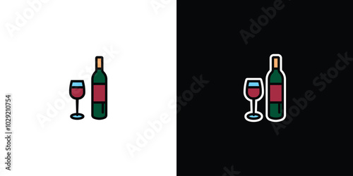 Wine bottle with glass on white and black background. Original vector illustration in vintage style.