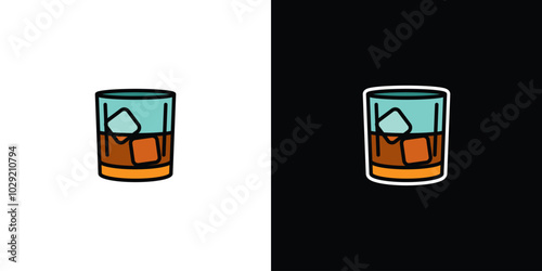 Glass of whiskey with ice on white and black background. Original vector illustration in vintage style.