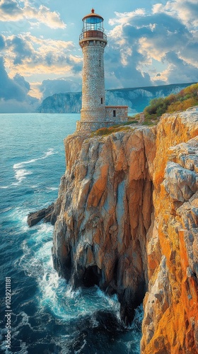 Cliffside Lighthouse Overlooking the Vast Ocean, a majestic sentinel guiding ships, surrounded by dramatic coastal scenery and endless blue waters photo